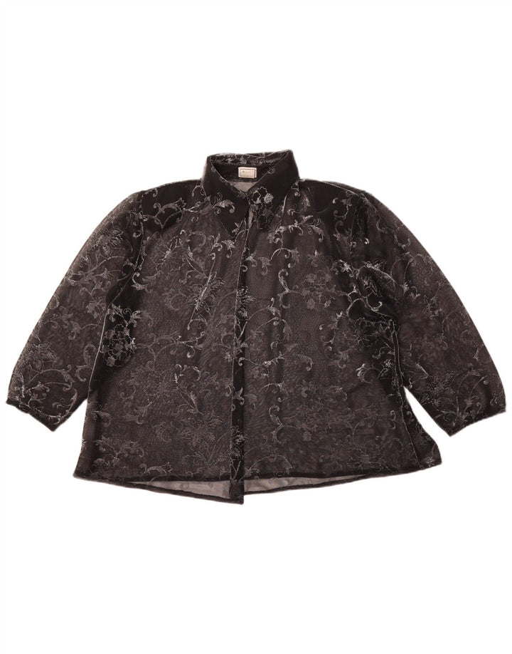 VINTAGE Femme 3/4 Manches Chemise Blouse UK 14 Moyen Noir Floral