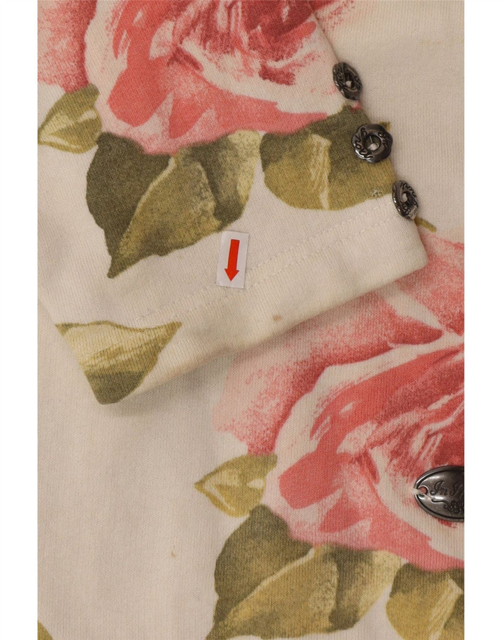 VINTAGE Femme Top Manches Longues UK 16 Grand Coton Floral Blanc Cassé