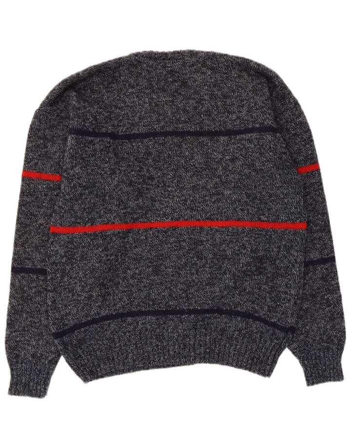 vintage Mens Crew Neck Jumper Pull IT 50 Laine rayée gris moyen