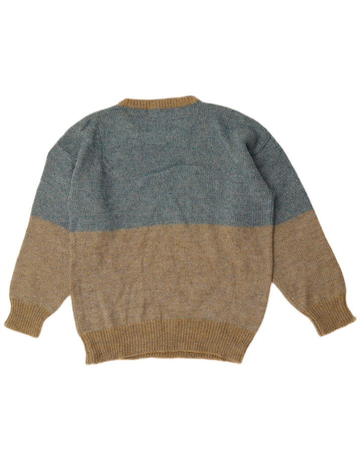 Vintage Mens Graphic Crew Neck Jumper Pull Bleu Moyen Colorblock