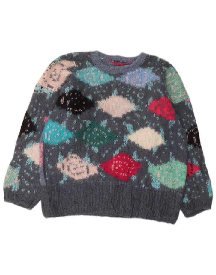 VINTAGE Pull ras du cou fille 13-14 ans Gris Colorblock