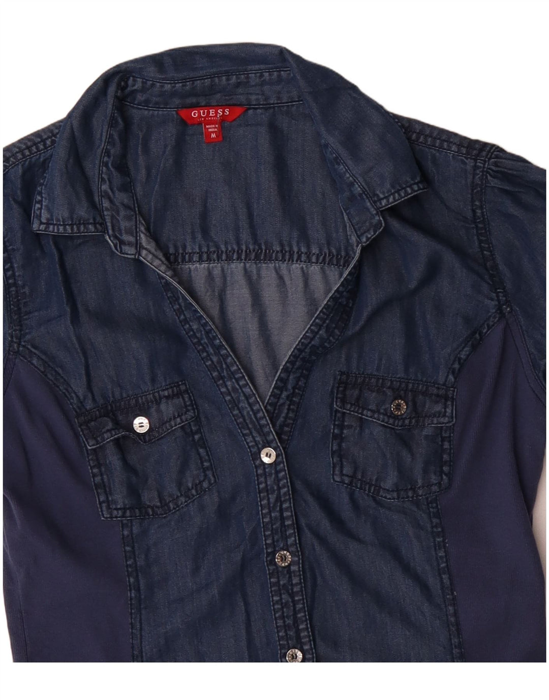 GUESS Chemisier en jean à manches courtes pour femme UK 12 Bleu marine moyen Tencel
