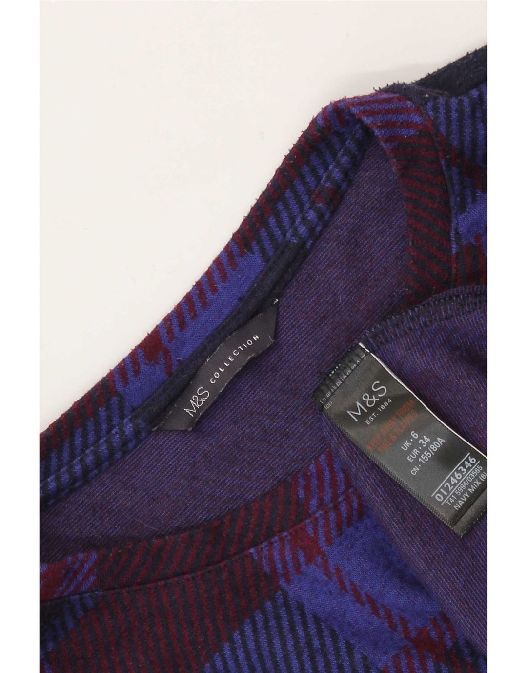 Marks & Spencer Haut à manches longues pour femme UK 6 XS Bleu marine à carreaux Polyester