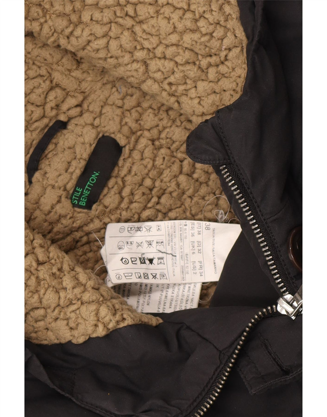 BENETTON Womens Oversized Hooded Parka Jacket UK 6 XS Black Polyester Vintage Benetton and Second-Hand Benetton from Messina Hembry 