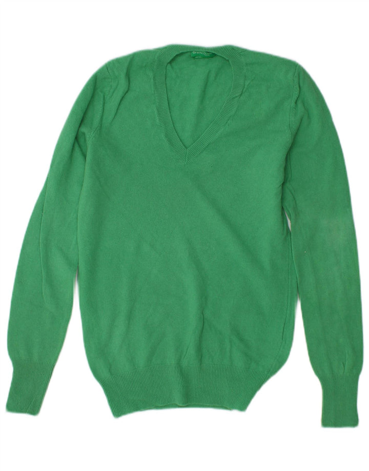 BENETTON Pull col V pour femme UK 6 XS Laine vierge verte