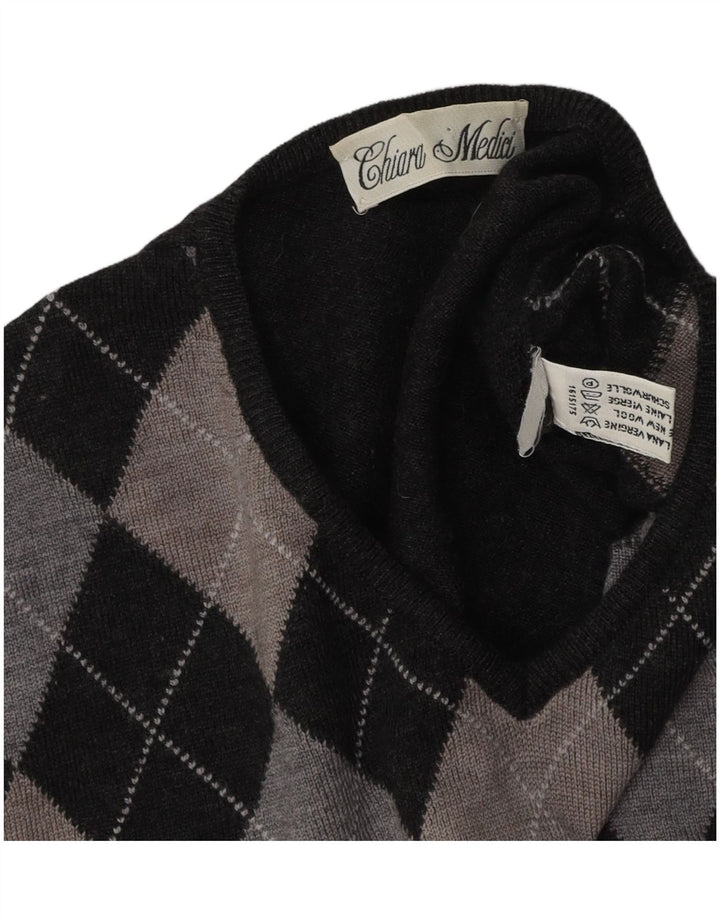 VINTAGE Pull col V femme UK 16 Grand Gris Argyle/Diamant