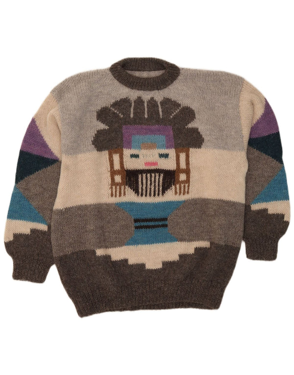 vintage Mens Graphic Crew Neck Jumper Pull Grand Gris Géométrique