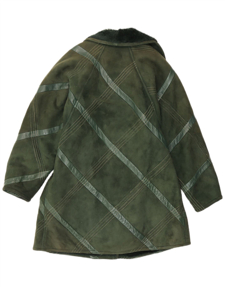 vintage Womens Shearling Coat UK 14 Moyen Vert Check