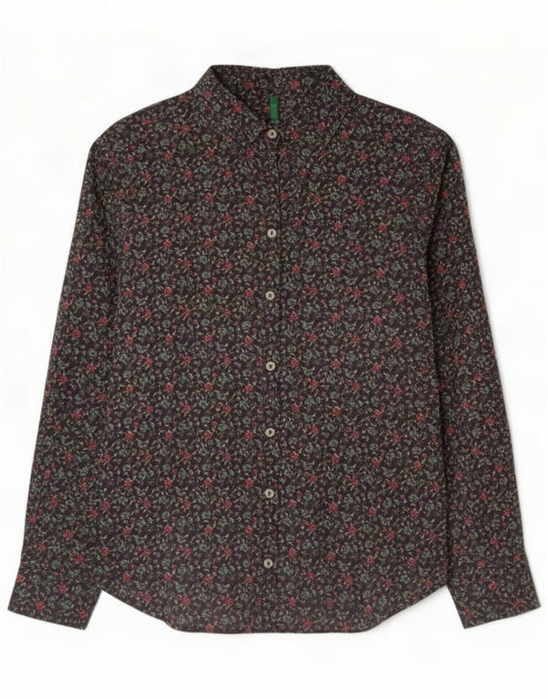 Benetton Womens Shirt UK 12 Medium Navy Blue Floral