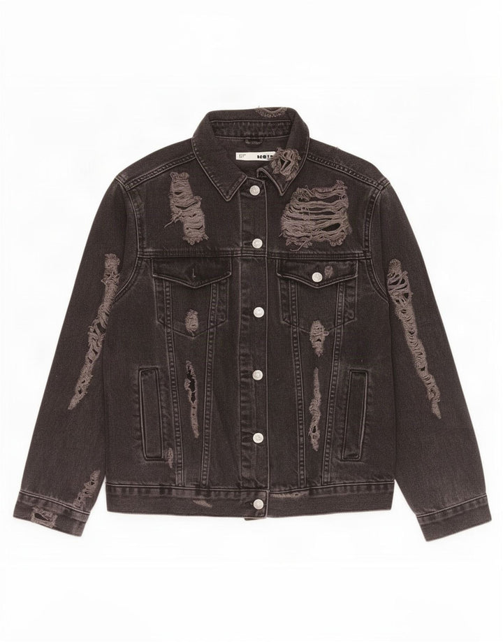 Topshop Veste en jean surdimensionnée en détresse pour femme UK 10 Petit coton noir