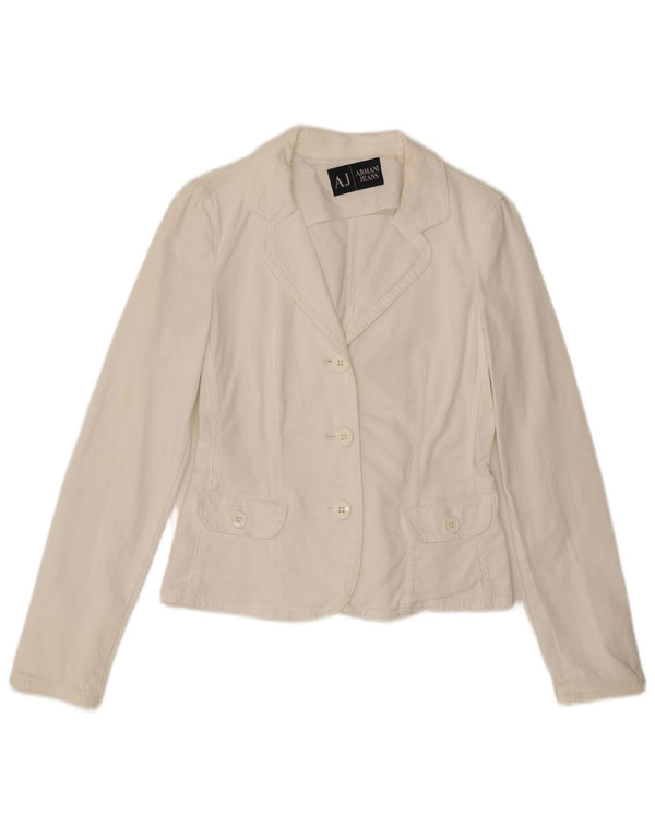 ARMANI JEANS Veste blazer courte à 3 boutons pour femme UK 10 Petit Blanc