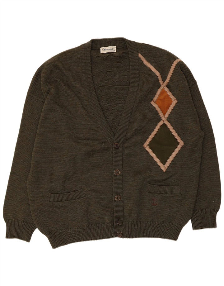 Bramante Cardigan pour homme en laine vierge kaki Argyle/diamant