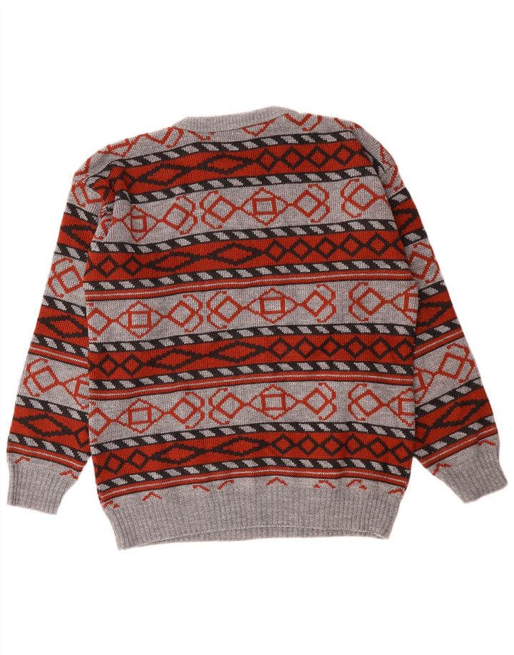 VINTAGE Pull col rond homme gris moyen acrylique géométrique