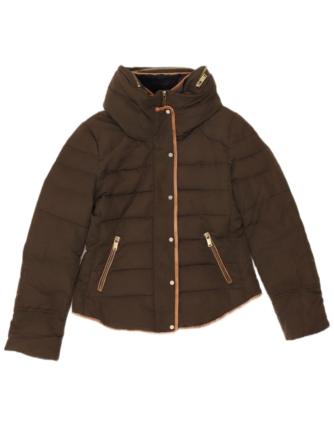 Zara Veste matelassée à capuche pour femme UK 14 Kaki moyen