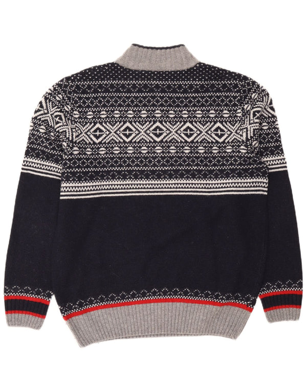 vintage Mens Zip Neck Jumper Pull XL Bleu Marine Fair Isle Polyacrylique