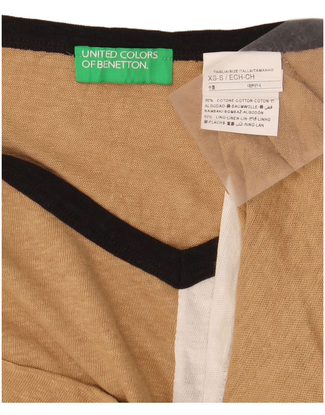 BENETTON T-shirt court surdimensionné pour femme UK 6 XS Beige Colourblock