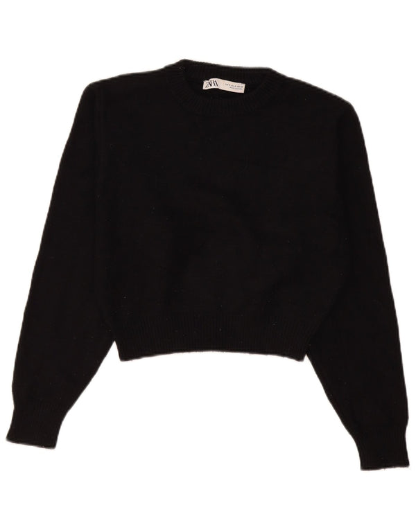 Zara Pull court à col rond pour femme UK 10 Small Noir Viscose