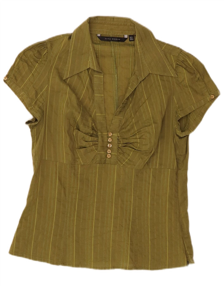 ZARA Chemise pull à manches courtes pour femme UK 14 Grand coton rayé kaki