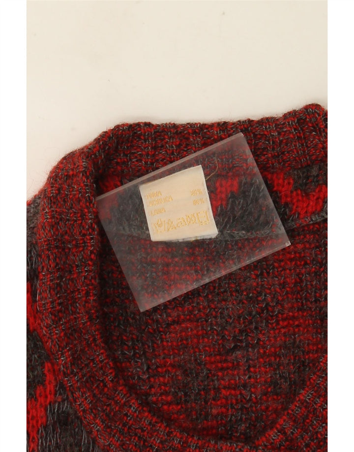 VINTAGE Femme Pull Cardigan Oversize UK 16 Grande Laine Géométrique Rouge