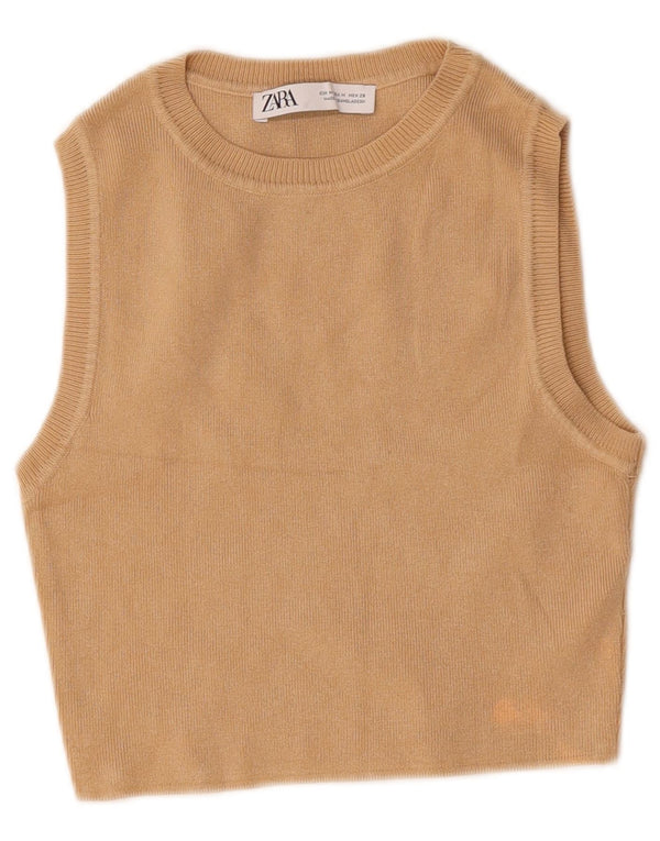 Zara Womens Crop Vest Top UK 12 Viscose Beige Moyen