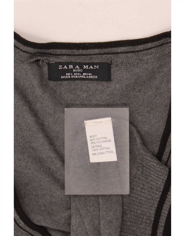 Zara Homme Cardigan Pull Large Gris Rayé Coton