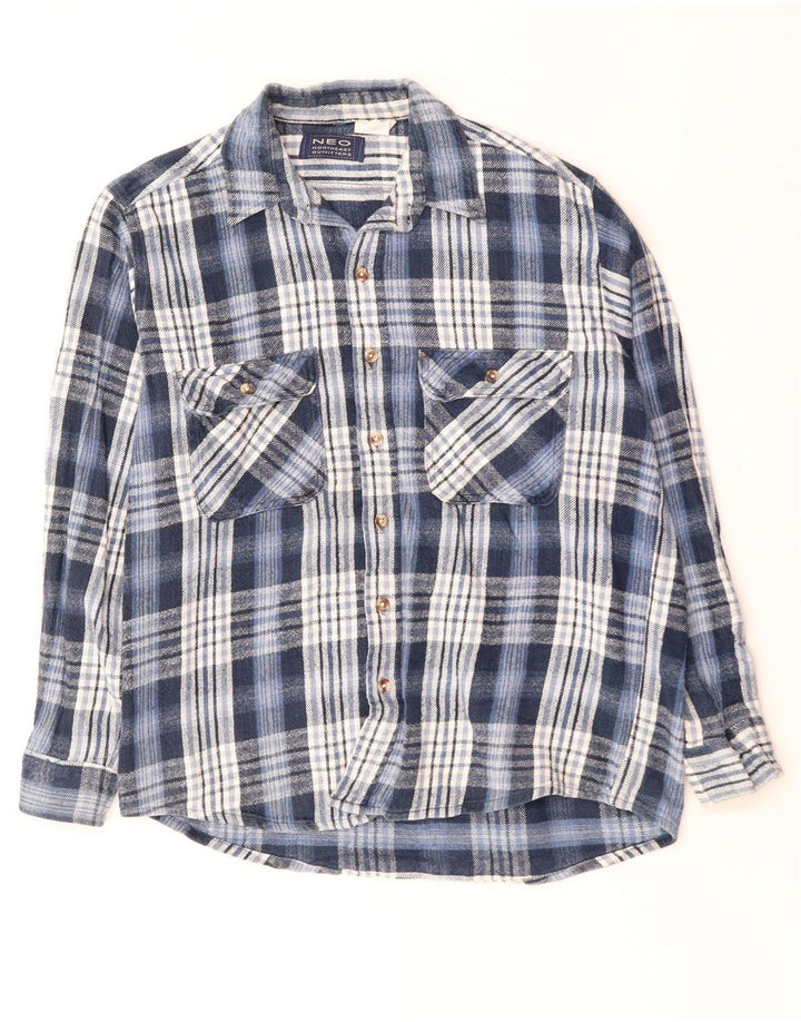 VINTAGE Chemise en flanelle pour hommes grand coton à carreaux bleus