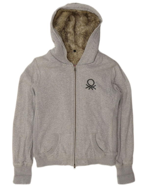 Benetton Pull à capuche zippé Sherpa pour femme UK 16 Grand coton moucheté gris