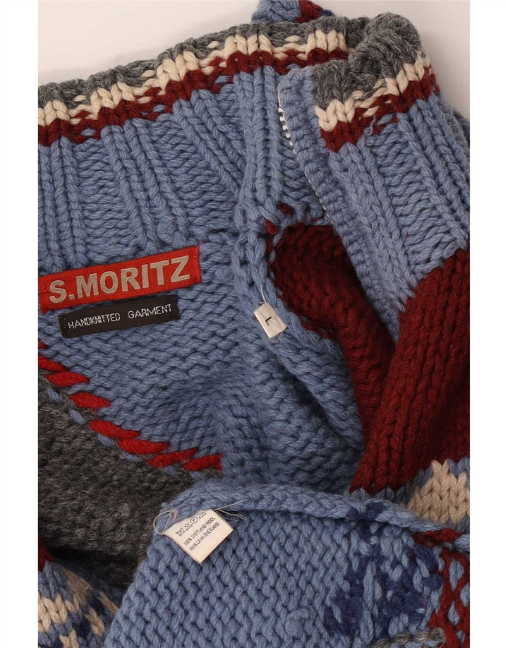 S.Moritz Cardigan fait main pour homme en laine bleu géométrique fantaisie