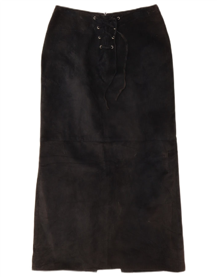 VINTAGE Femme Daim Maxi Jupe UK 10 Petit W26 Cuir Noir