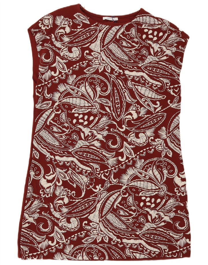 ZARA Robe droite pour femme UK 16 Large Marron Paisley Polyester