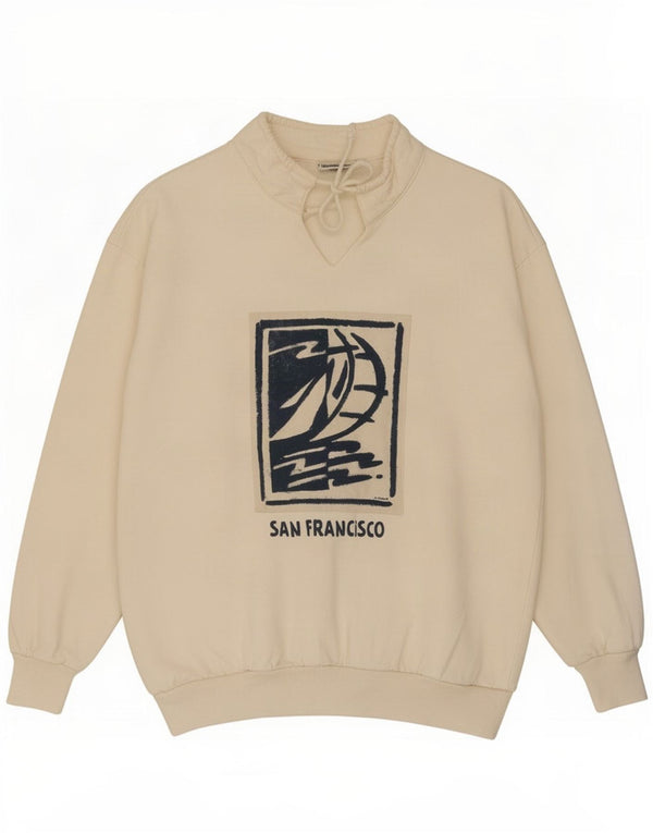 vintage Mens Graphic Loose Fit Sweatshirt Jumper Petit Coton Blanc Cassé
