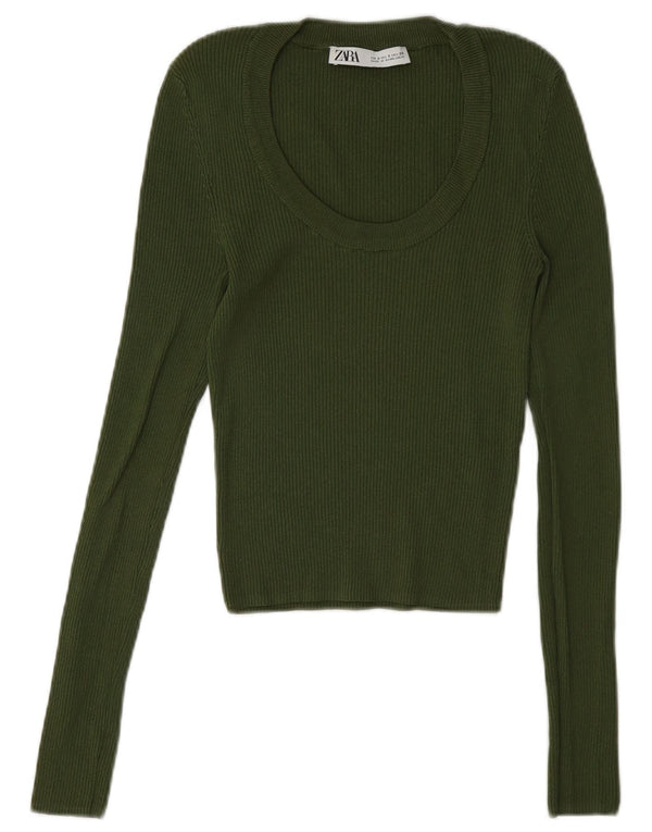 Zara Womens Slim Fit Top Manches Longues UK 8 Small Vert Viscose
