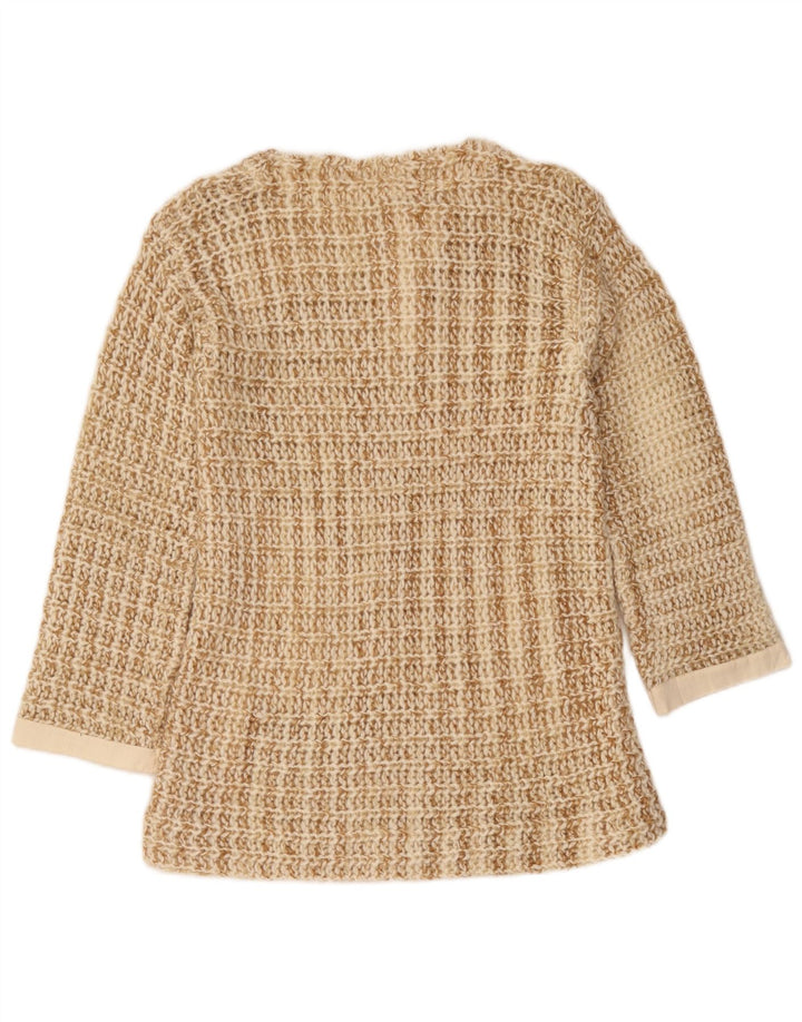 vintage Womens Button Neck Jumper Pull UK 10 Petit Beige Moucheté