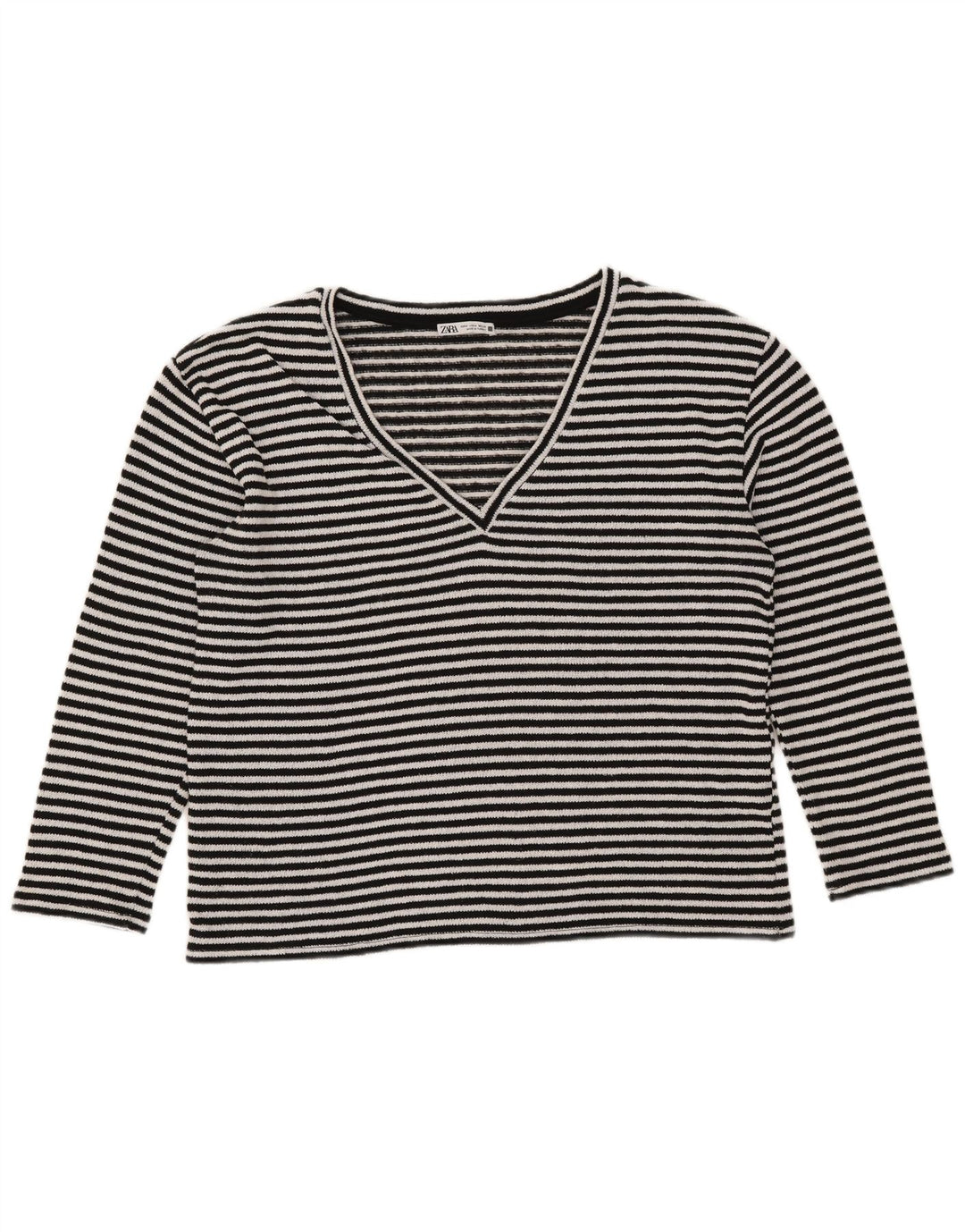 Zara Femme Top Manches Longues UK 14 Moyen Noir Rayé Coton