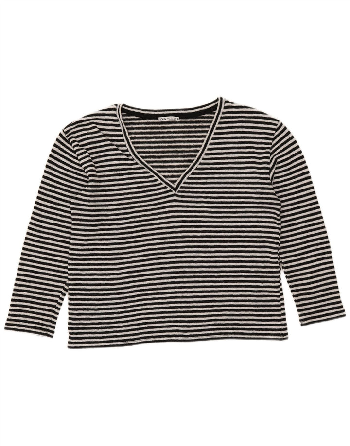 Zara Femme Top Manches Longues UK 14 Moyen Noir Rayé Coton
