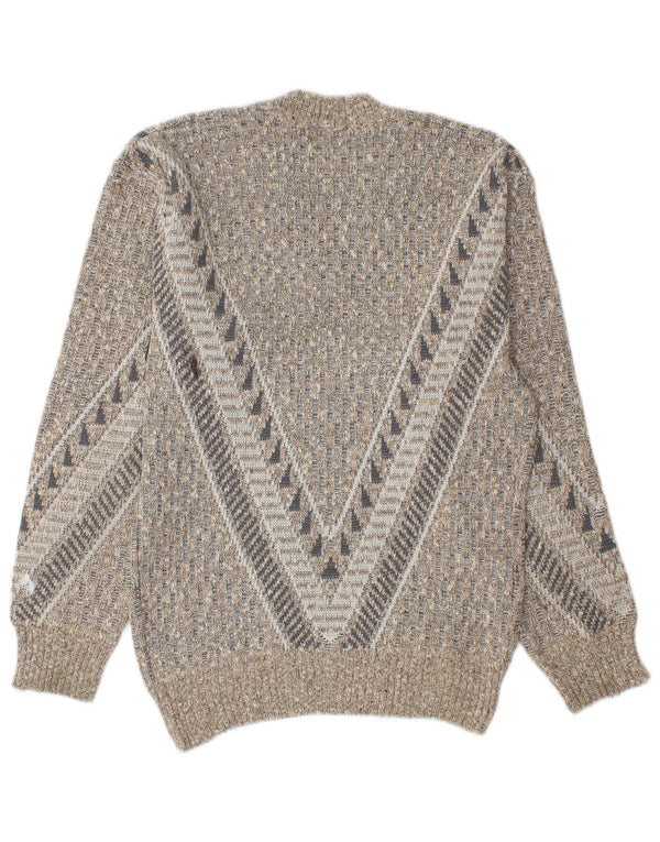 vintage Mens V-Col Jumper Pull Petit Gris Géométrique