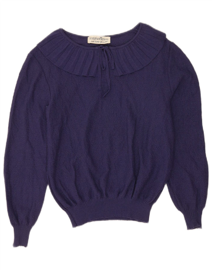 vintage Femmes Crop Boat Neck Jumper Pull EU 40 Bleu Marine Moyen