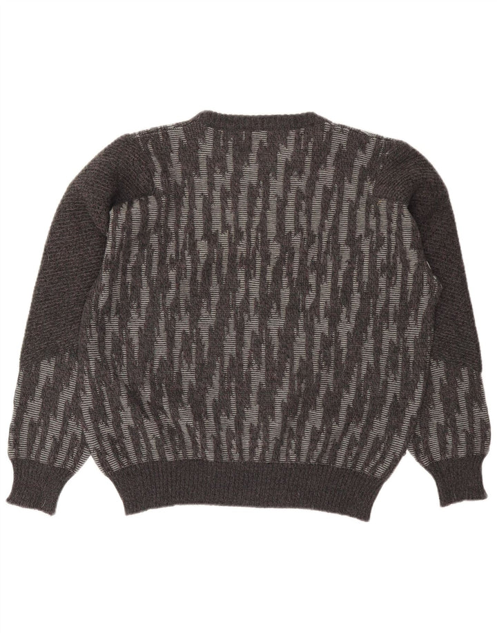 vintage Mens Crew Neck Jumper Pull Grande laine rayée grise