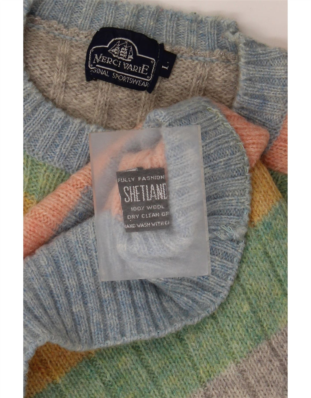 vintage Mens Crew Neck Jumper Pull Grande laine rayée multicolore