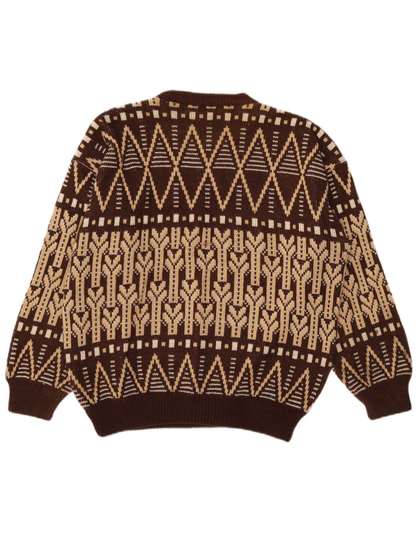 vintage Mens Crew Neck Jumper Pull Grand Marron Fair Isle