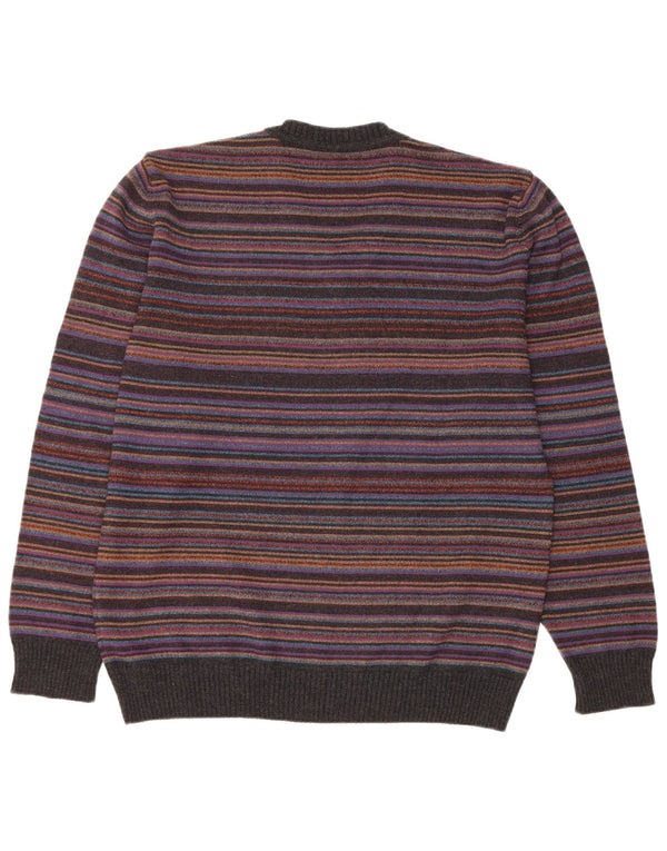 VINTAGE Mens V-Neck Jumper Sweater IT 52 Large Multicoloured Striped Wool