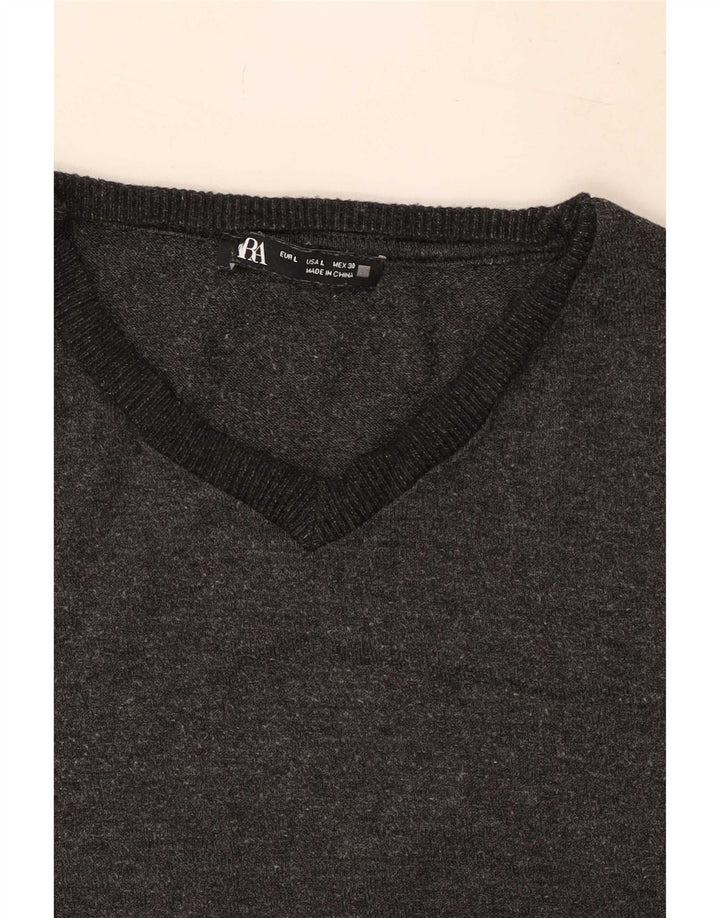 Zara Pull col en V pour femme UK 14 Large Gris Polyester