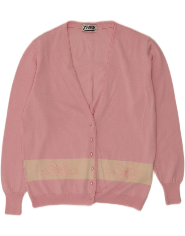 VINTAGE Pull Cardigan Femme UK 14 Rose Moyen Colorblock Nouvelle Laine