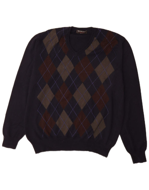 Bramante Pull col V pour homme IT 54 XL Bleu marine Argyle/Diamant