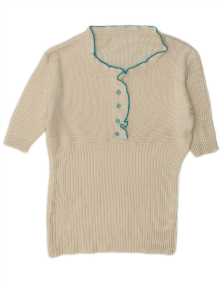 vintage Femmes Ruffle Turtle Neck Jumper Pull UK 12 Moyen Blanc