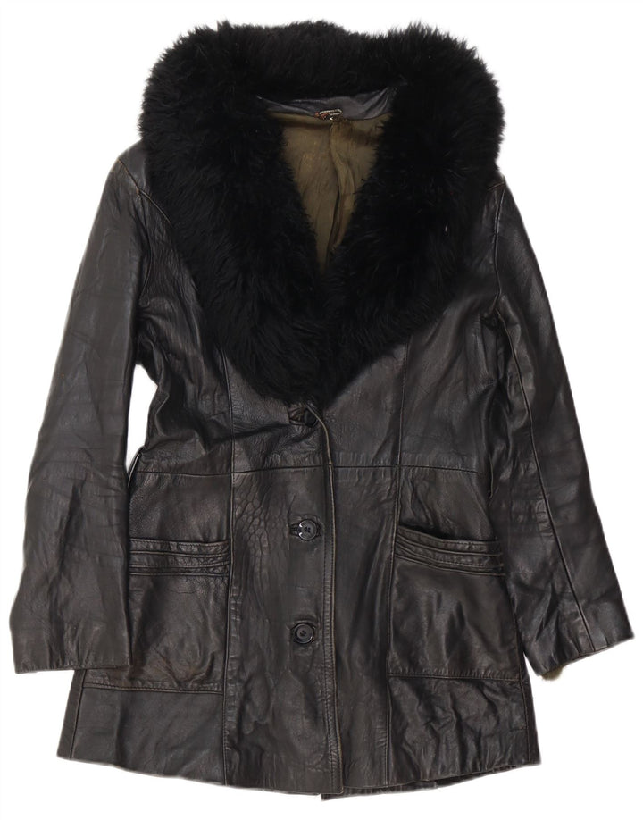 manteau en cuir femme vintage UK 8 Petit Noir