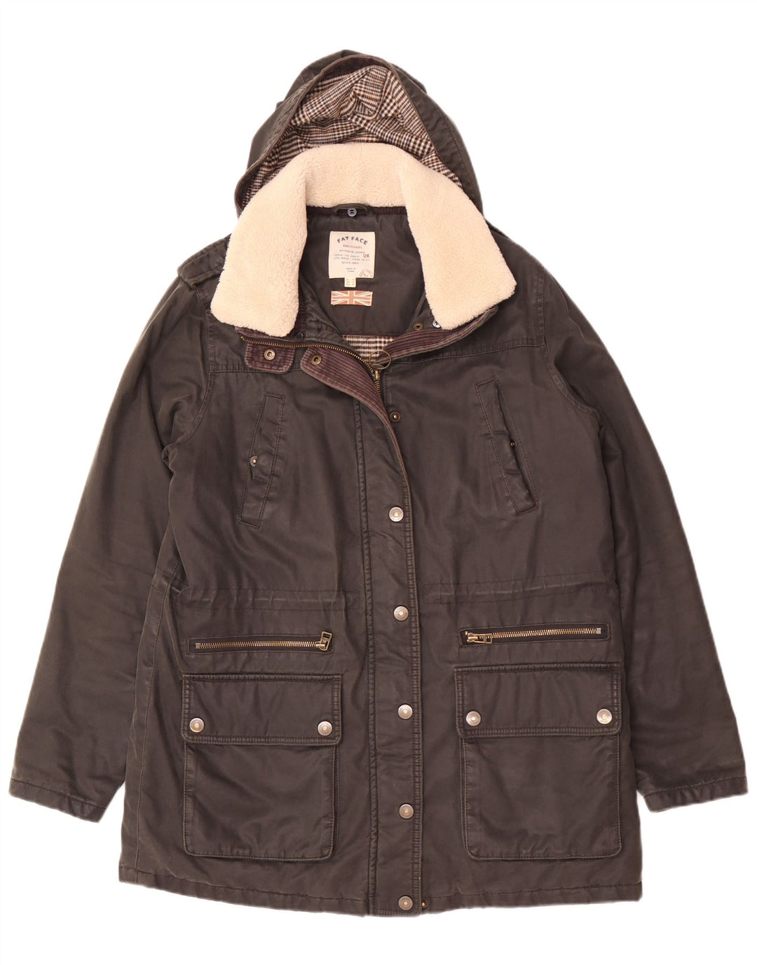 Fat Face Parka à capuche pour femme UK 12 en coton noir moyen