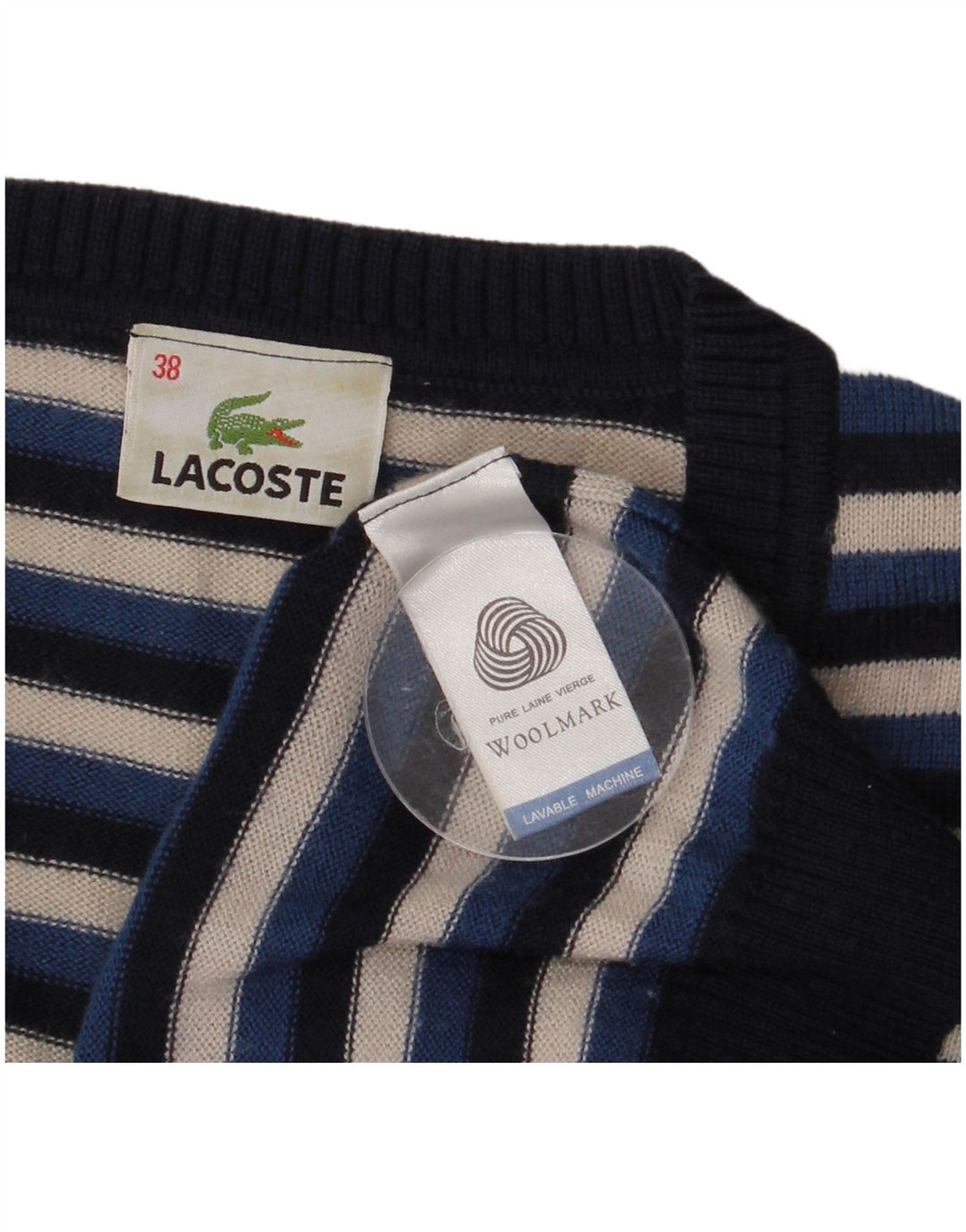 Lacoste Femme Col V Pull Pull Taille 38 Laine Rayée Bleu Marine Moyen