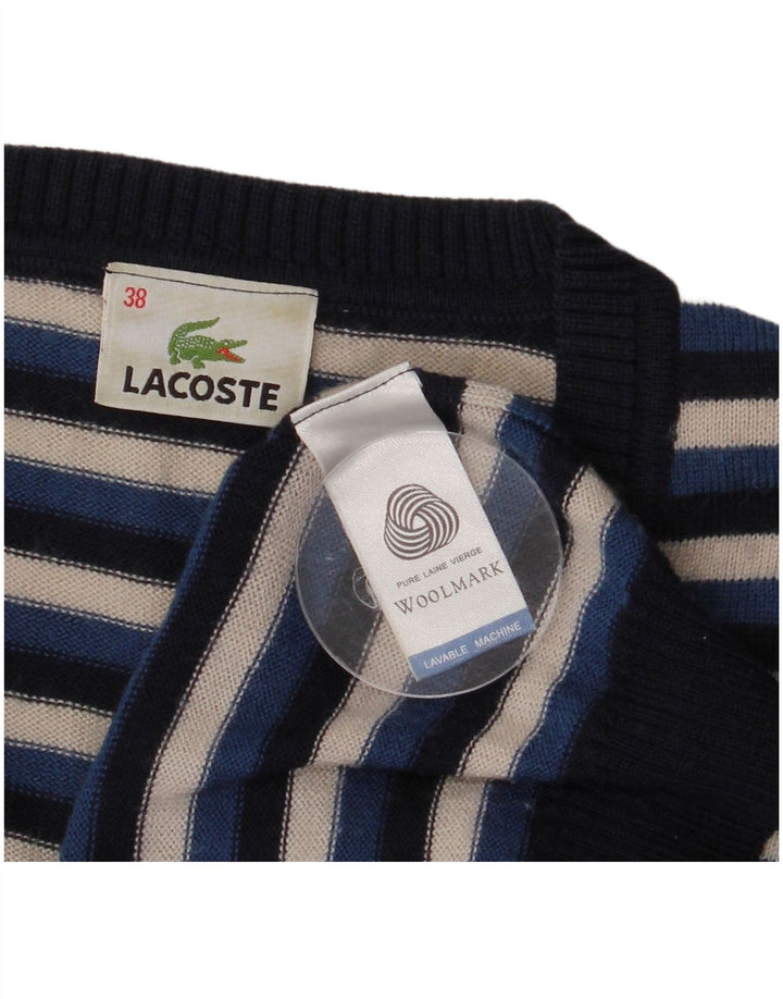 Lacoste Femme Col V Pull Pull Taille 38 Laine Rayée Bleu Marine Moyen
