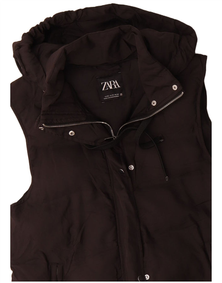 ZARA Gilet rembourré long à capuche surdimensionné pour femme UK 6 XS Marron Polyester